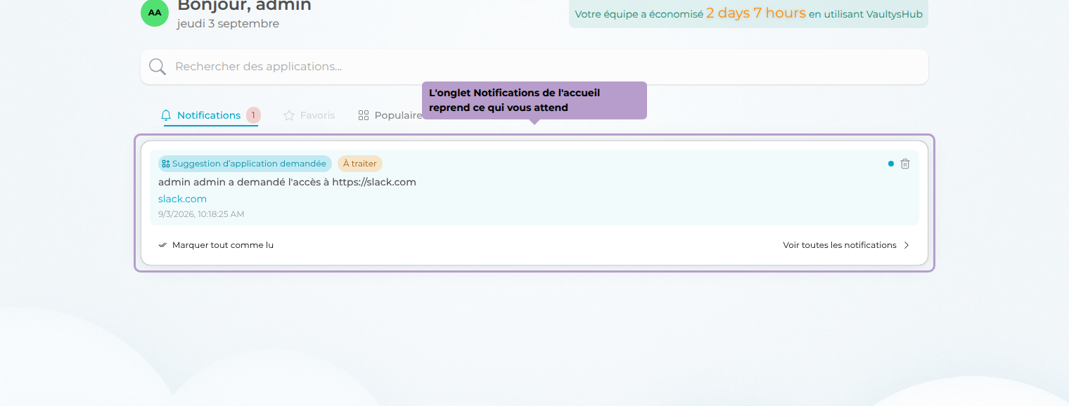 L'onglet Notifications de l'accueil reprend ce qui vous attend