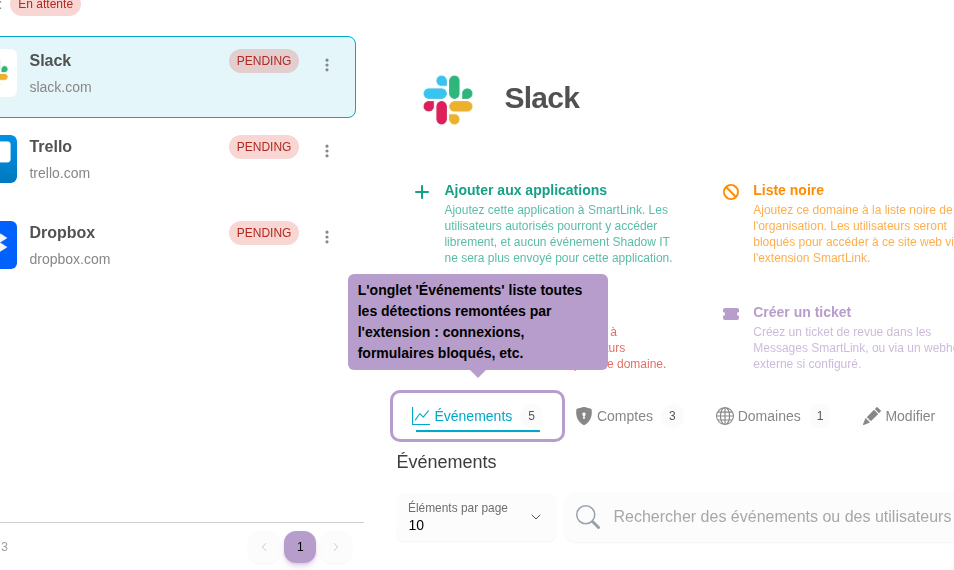 L'onglet 'Événements' liste toutes les détections remontées par l'extension : connexions, formulaires bloqués, etc.