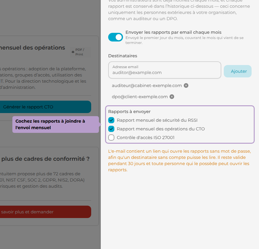 Cochez les rapports à joindre à l'envoi mensuel