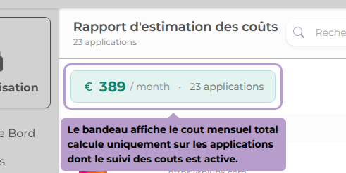 Le bandeau affiche le cout mensuel total calcule uniquement sur les applications dont le suivi des couts est active.