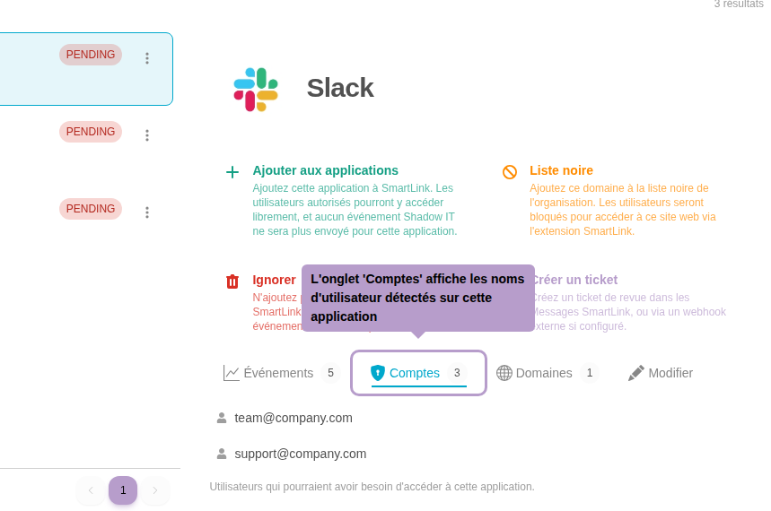 L'onglet 'Comptes' affiche les noms d'utilisateur détectés sur cette application