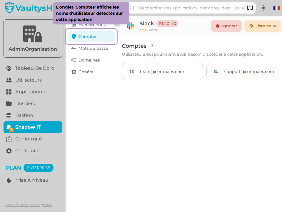 L'onglet 'Comptes' affiche les noms d'utilisateur détectés sur cette application