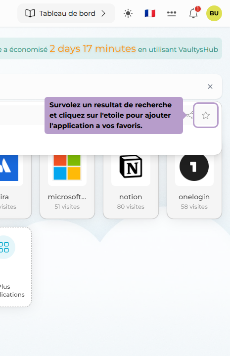 Survolez un resultat de recherche et cliquez sur l'etoile pour ajouter l'application a vos favoris.