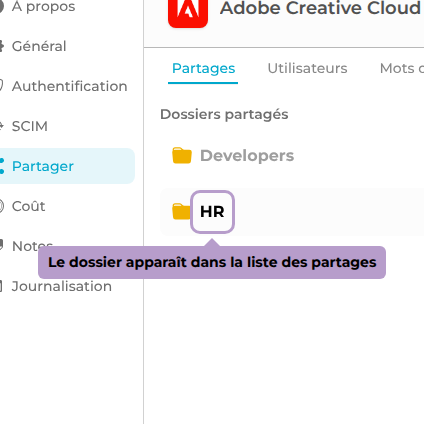 Le dossier apparaît dans la liste des partages
