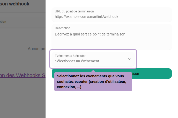 Selectionnez les evenements que vous souhaitez ecouter (creation d'utilisateur, connexion, ...)
