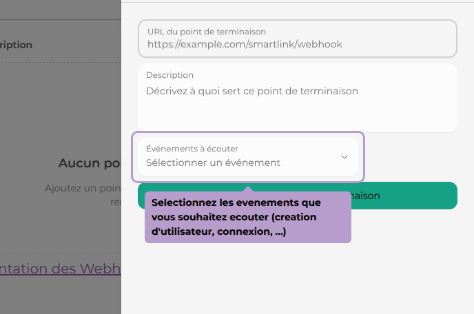 Selectionnez les evenements que vous souhaitez ecouter (creation d'utilisateur, connexion, ...)