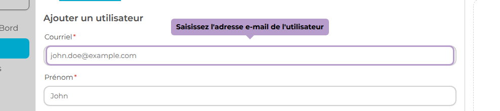 Saisissez l'adresse e-mail de l'utilisateur