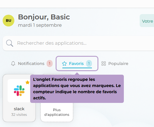 L'onglet Favoris regroupe les applications que vous avez marquees. Le compteur indique le nombre de favoris actifs.