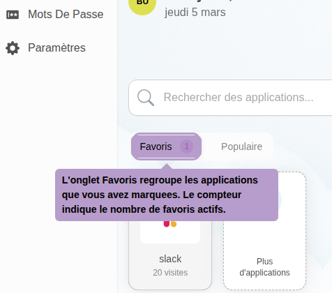 L'onglet Favoris regroupe les applications que vous avez marquees. Le compteur indique le nombre de favoris actifs.