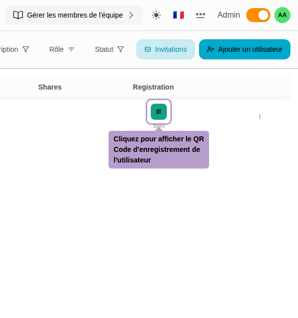 Cliquez pour afficher le QR Code d'enregistrement de l'utilisateur