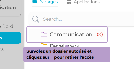 Survolez un dossier autorisé et cliquez sur − pour retirer l'accès