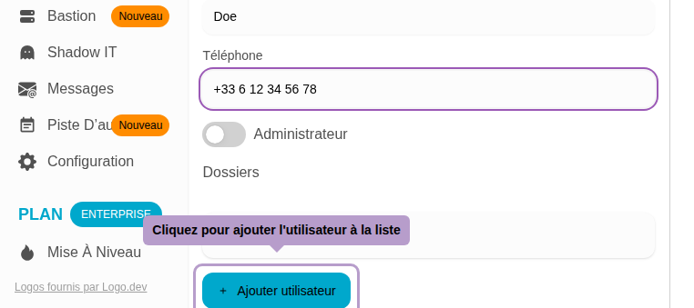 Cliquez pour ajouter l'utilisateur à la liste