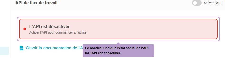 Le bandeau indique l'etat actuel de l'API. Ici l'API est desactivee.