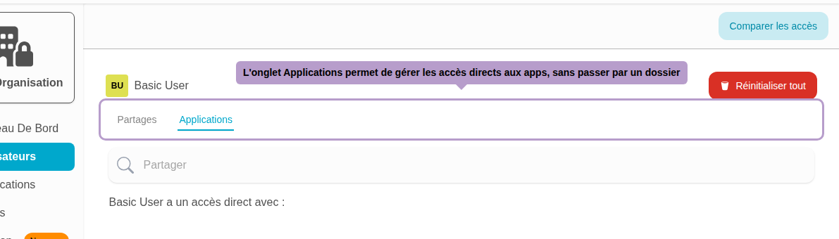 L'onglet Applications permet de gérer les accès directs aux apps, sans passer par un dossier