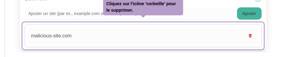 Le domaine est ajouté à la liste. Cliquez sur l'icône 'corbeille' pour le supprimer.