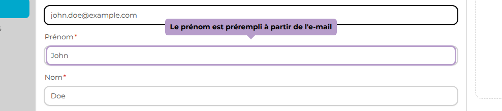 Le prénom est prérempli à partir de l'e-mail