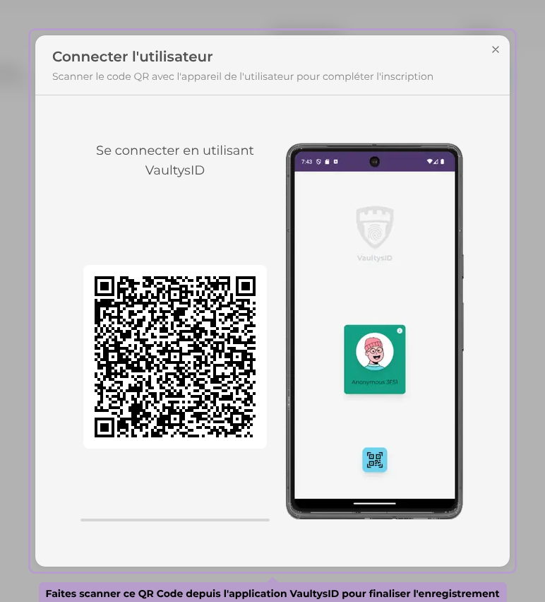 Faites scanner ce QR Code depuis l'application VaultysID pour finaliser l'enregistrement