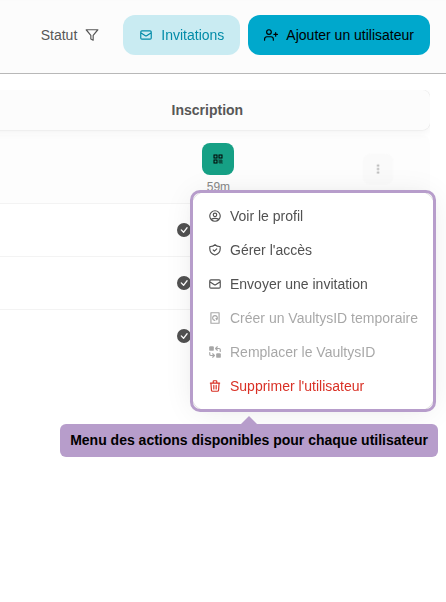 Menu des actions disponibles pour chaque utilisateur