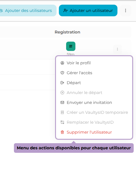 Menu des actions disponibles pour chaque utilisateur