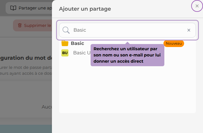 Recherchez un utilisateur par son nom ou son e-mail pour lui donner un accès direct