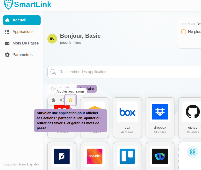 Survolez une application pour afficher ses actions : partager le lien, ajouter ou retirer des favoris, et gerer les mots de passe.
