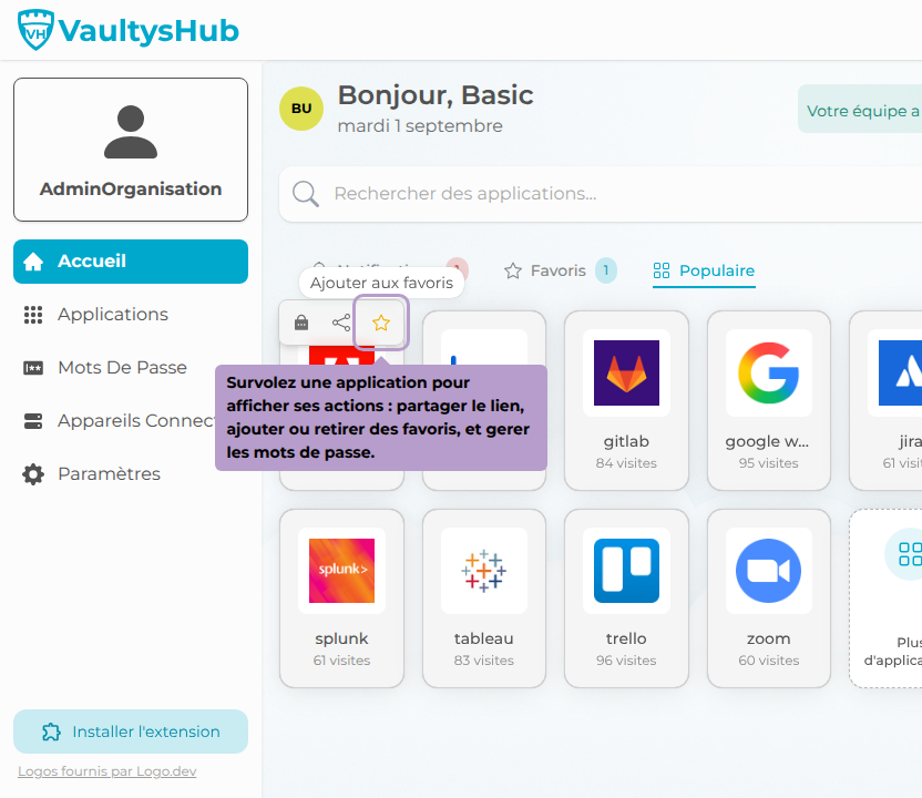 Survolez une application pour afficher ses actions : partager le lien, ajouter ou retirer des favoris, et gerer les mots de passe.