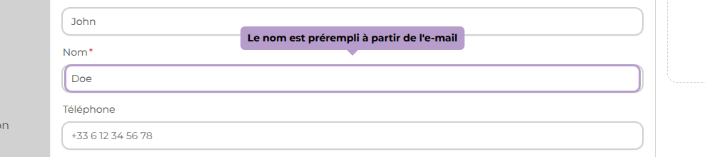 Le nom est prérempli à partir de l'e-mail