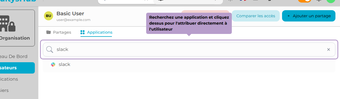 Recherchez une application et cliquez dessus pour l'attribuer directement à l'utilisateur