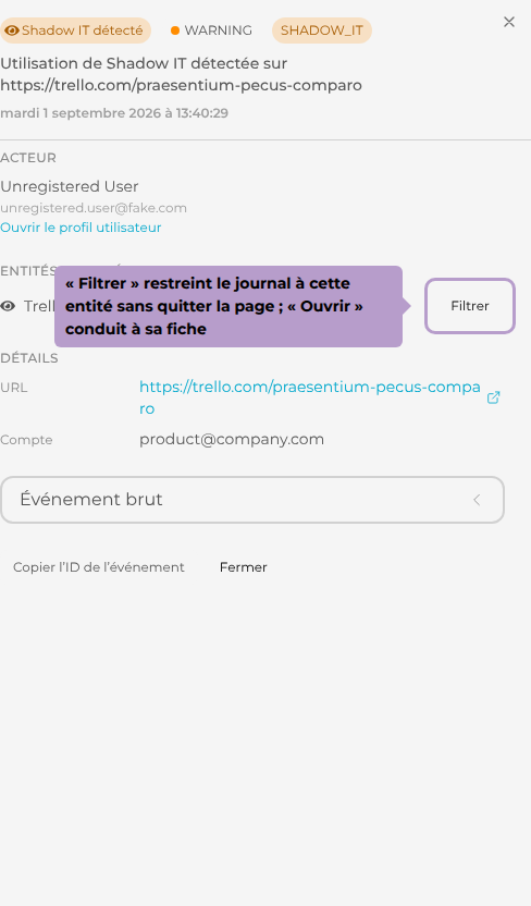 « Filtrer » restreint le journal à cette entité sans quitter la page ; « Ouvrir » conduit à sa fiche