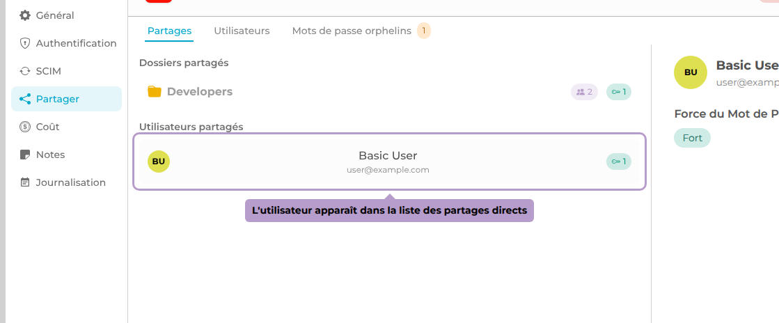 L'utilisateur apparaît dans la liste des partages directs