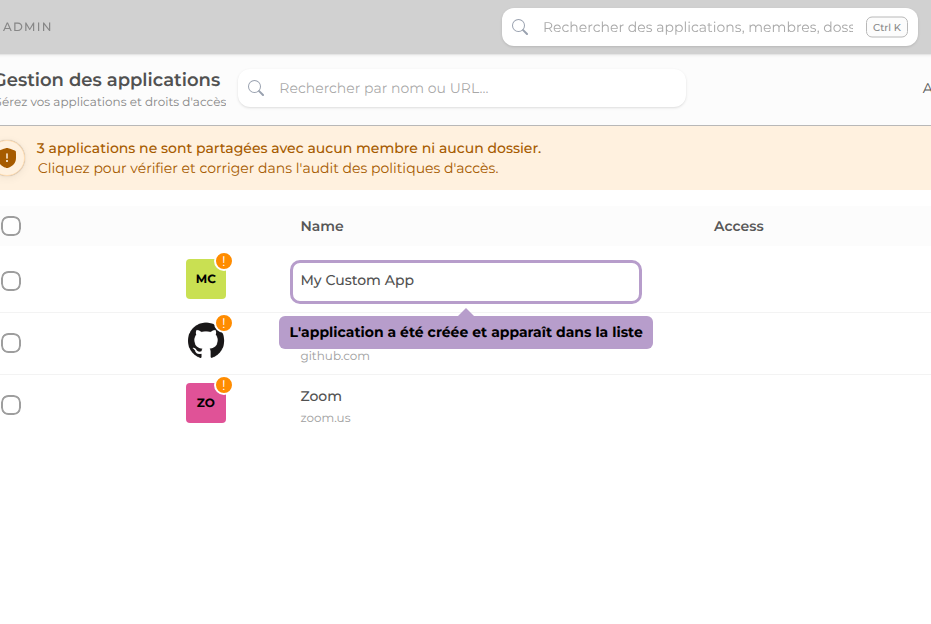 L'application a été créée et apparaît dans la liste