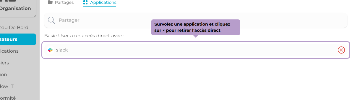 Survolez une application et cliquez sur × pour retirer l'accès direct