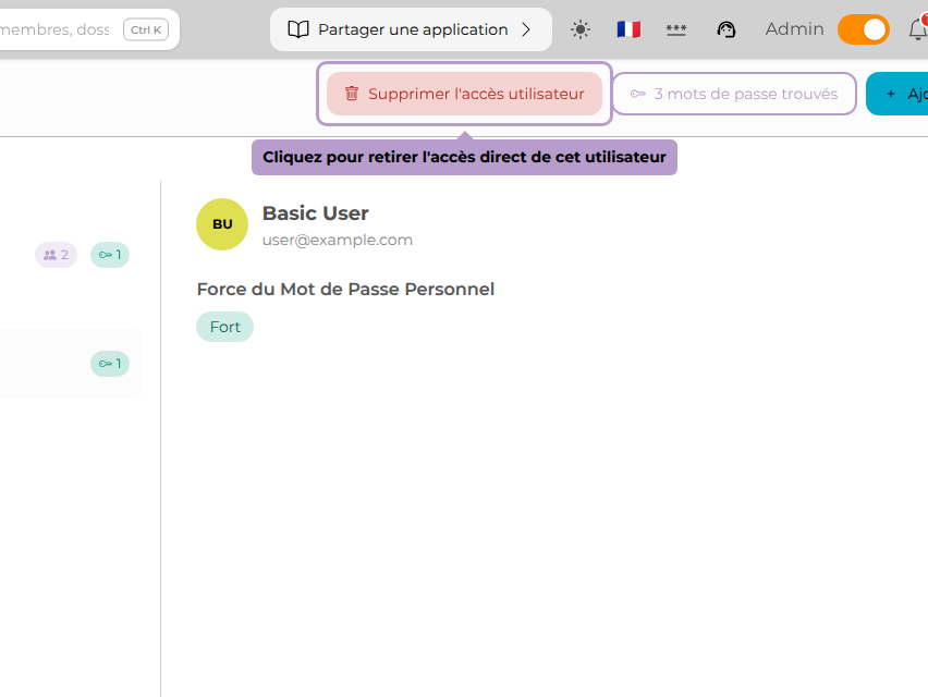 Cliquez pour retirer l'accès direct de cet utilisateur