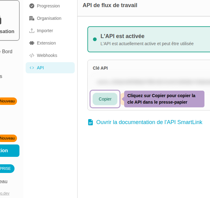 Cliquez sur Copier pour copier la cle API dans le presse-papier