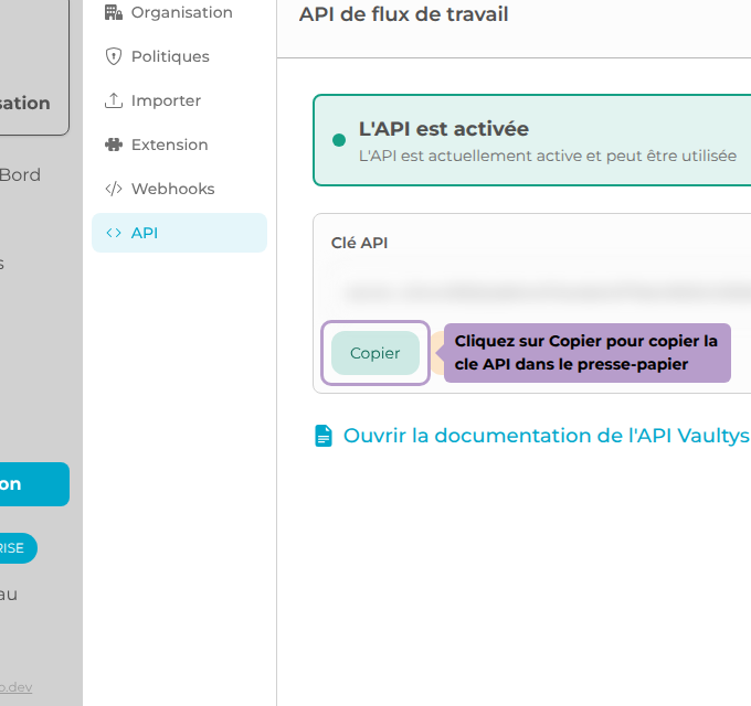 Cliquez sur Copier pour copier la cle API dans le presse-papier