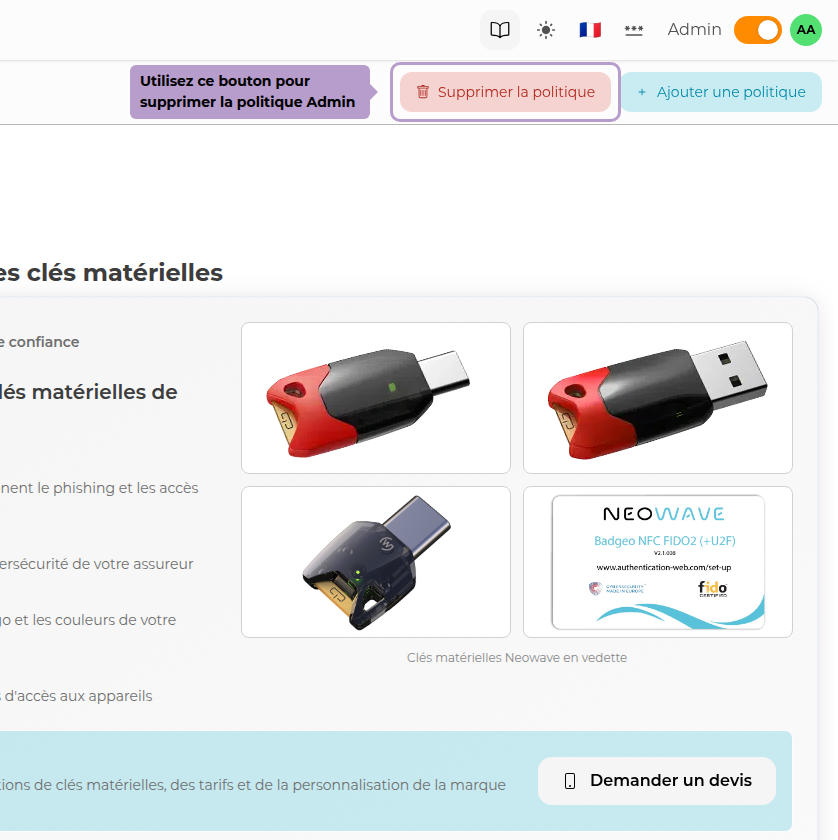 Utilisez ce bouton pour supprimer la politique Admin