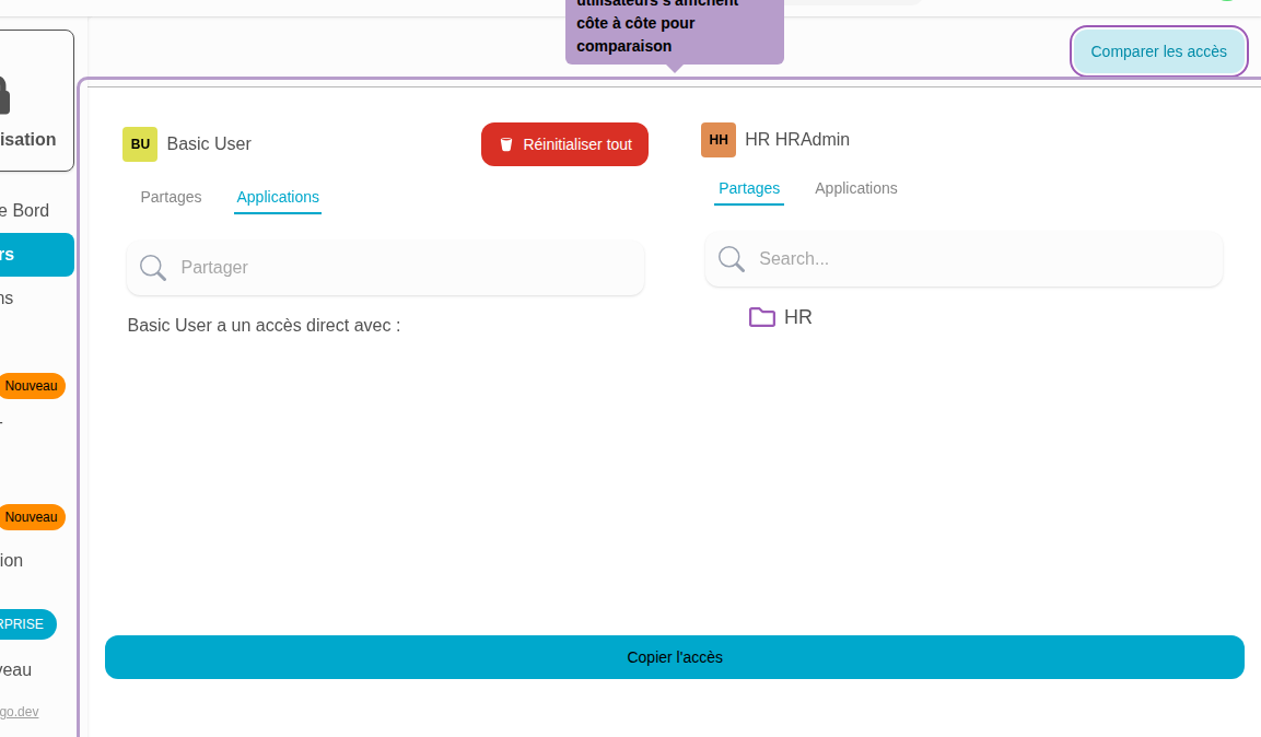 Les accès des deux utilisateurs s'affichent côte à côte pour comparaison