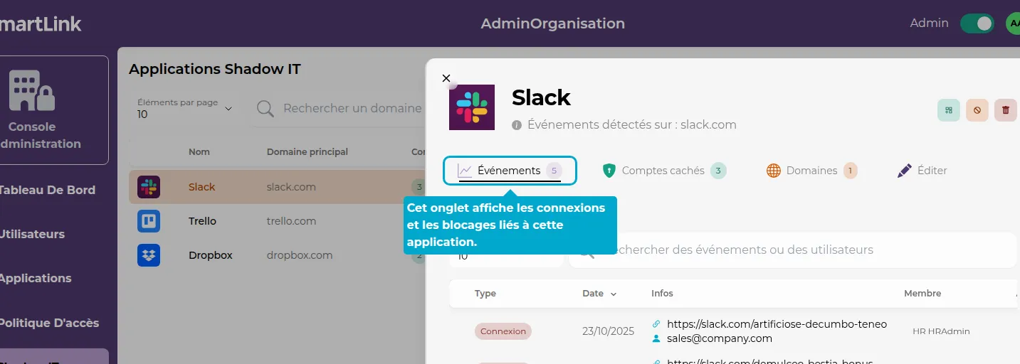 Onglet des événements