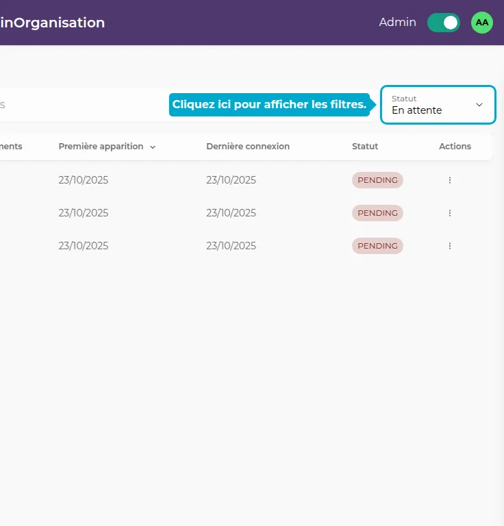 Bouton pour ouvrir les filtres