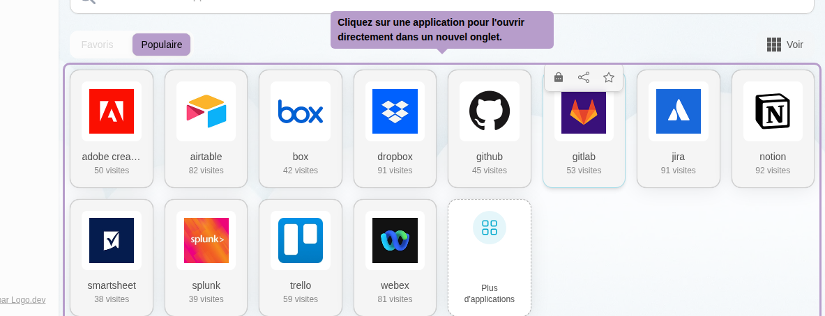 Klicken Sie auf eine Anwendung, um sie direkt in einem neuen Tab zu öffnen.