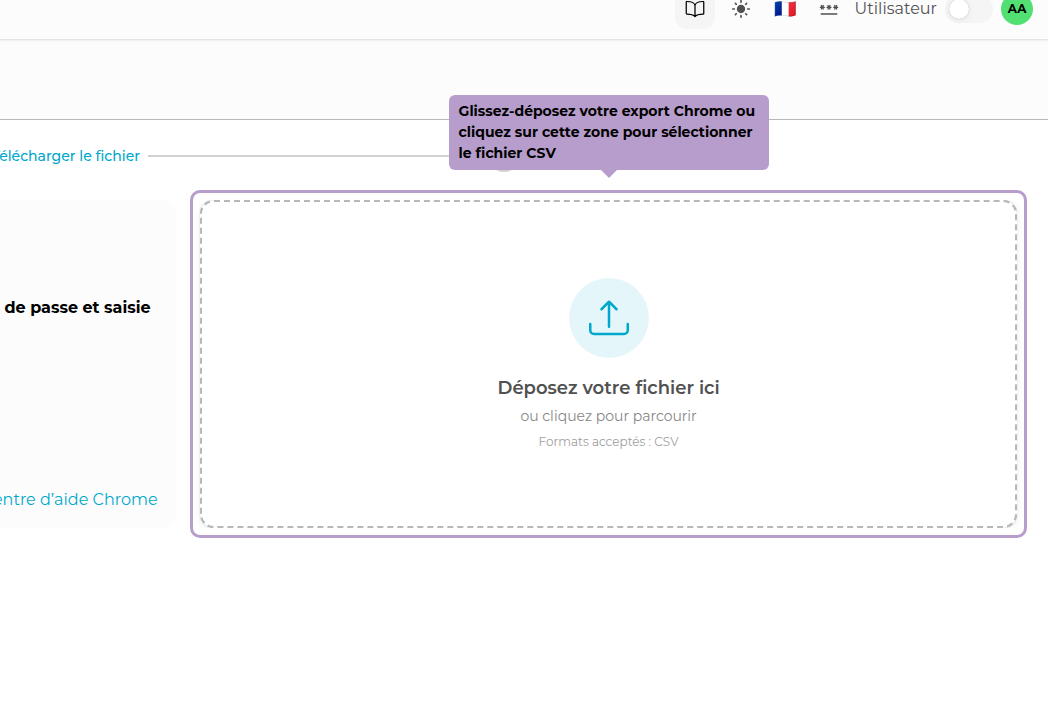 Ziehen Sie Ihren Chrome-Export hierhin oder klicken Sie auf diesen Bereich, um die CSV-Datei auszuwählen