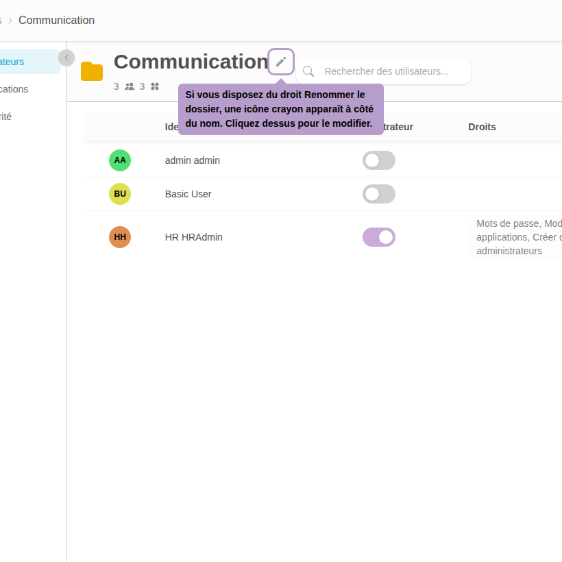 Wenn Sie das Recht Dossier umbenennen haben, erscheint neben dem Namen ein Stiftsymbol. Klicken Sie darauf, um den Namen zu ändern.