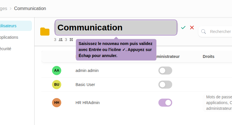 Geben Sie den neuen Namen ein und bestätigen Sie mit Enter oder dem ✓-Symbol. Drücken Sie Esc, um abzubrechen.