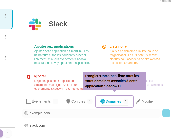 Die Registerkarte 'Domains' listet alle mit dieser Schatten-IT-Anwendung verbundenen Subdomains auf