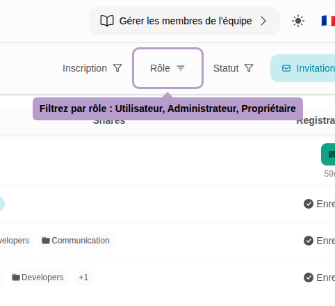Filter by role: User, Administrator, Owner
