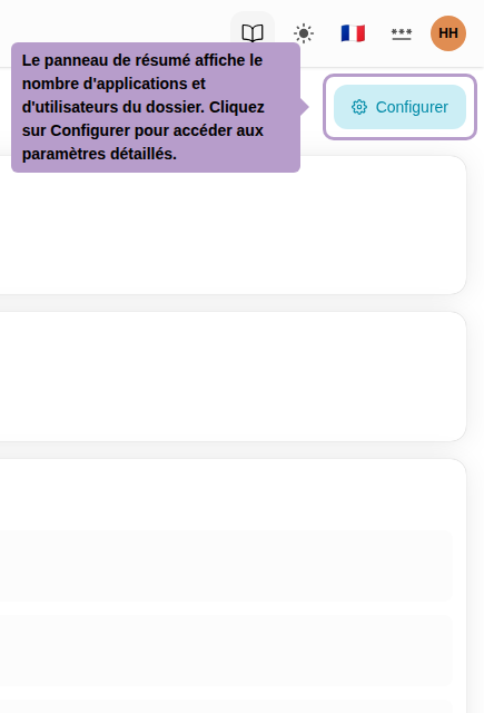 The summary panel displays the number of applications and users in the folder. Click Configure to access detailed settings.