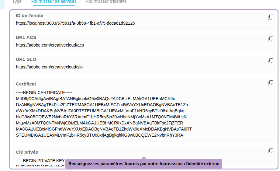 Enter the parameters provided by your external identity provider