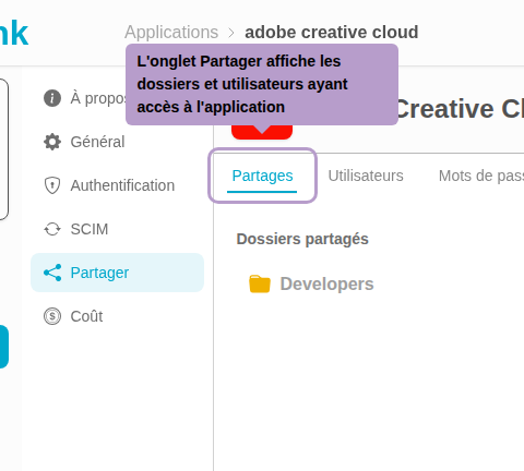The Shares tab displays the folders and users who have access to the application