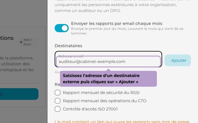 Saisissez l'adresse d'un destinataire externe puis cliquez sur « Ajouter »