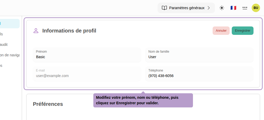 Modify your first name, last name, or phone number, then click Save to confirm.